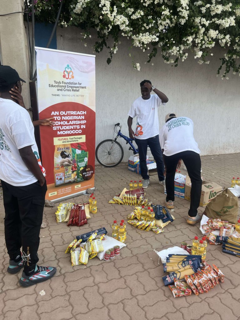 Tayb Foundation Morocco outreach — Outreach supplies including cooking oil, pasta, and staple goods