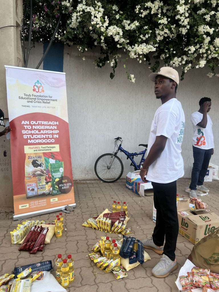Tayb Foundation Morocco outreach — Outreach supplies including cooking oil, pasta, and staple goods